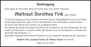 Traueranzeige von Waltraut Dorothea Fink von Schwäbische Post