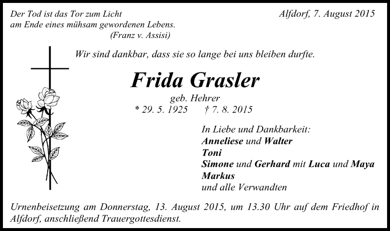  Traueranzeige für Frida Grasler vom 11.08.2015 aus Gmünder Tagespost