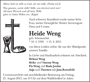 Traueranzeige von Heide Weng von Schwäbische Post