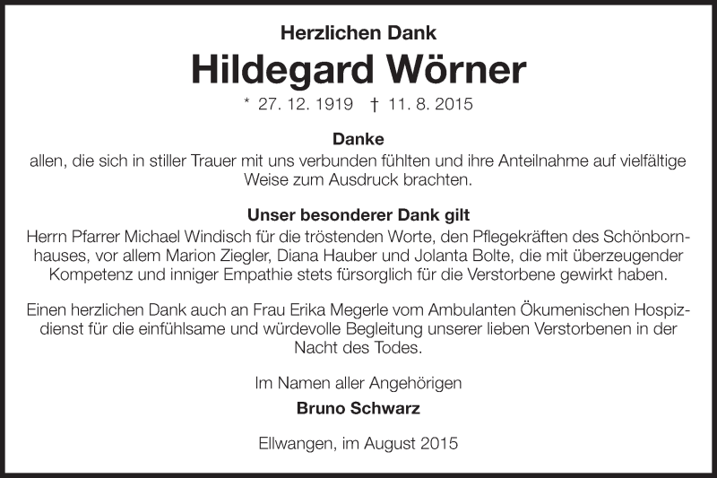  Traueranzeige für Hildegard Wörner vom 20.08.2015 aus Schwäbische Post
