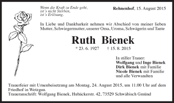 Traueranzeige von Ruth Bienek von Gmünder Tagespost