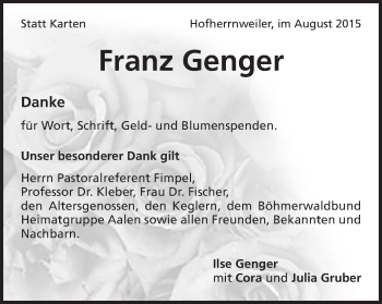 Traueranzeige von Franz Genger  von Schwäbische Post