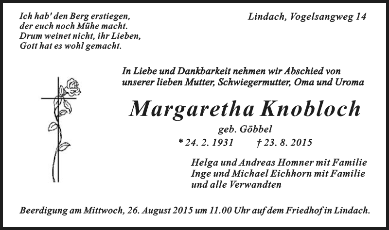 Traueranzeige für Margaretha Knobloch vom 24.08.2015 aus Gmünder Tagespost
