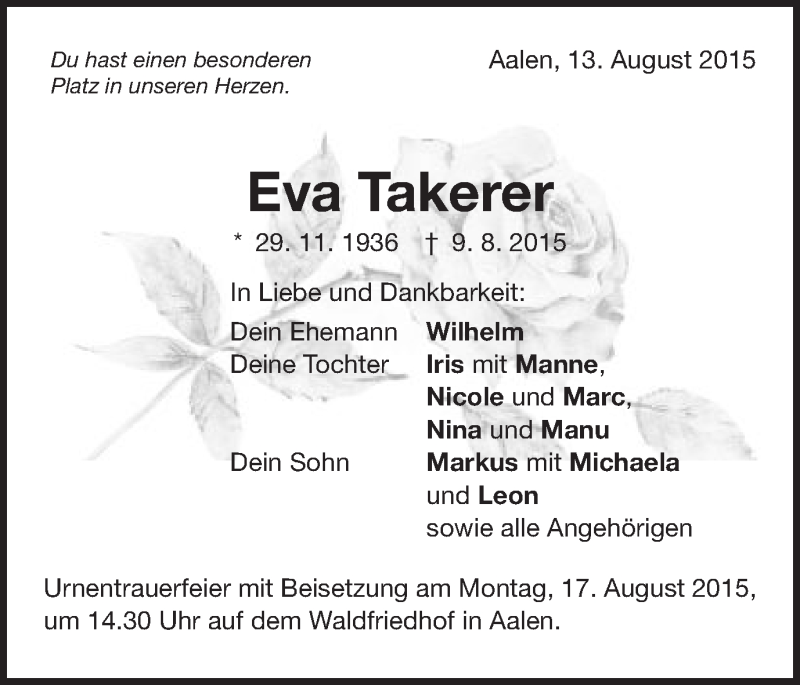  Traueranzeige für Eva Takerer vom 13.08.2015 aus Schwäbische Post