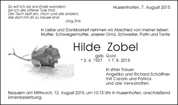 Traueranzeige von Hilde Zobel von Gmünder Tagespost