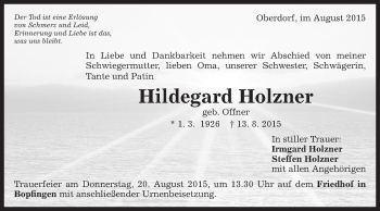 Traueranzeige von Hildegard Holzner von Schwäbische Post