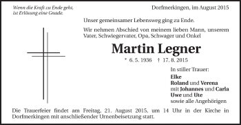 Traueranzeige von Martin Legner von Schwäbische Post