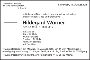 Traueranzeige von Hildegard Wörner von Schwäbische Post