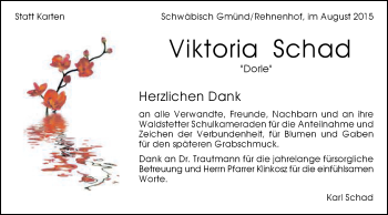 Traueranzeige von Viktoria Schad von Gmünder Tagespost