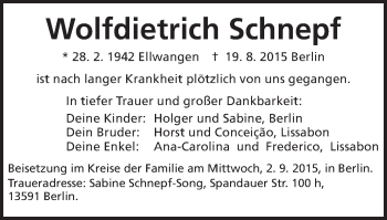 Traueranzeige von Wolfdietrich Schnepf von Schwäbische Post