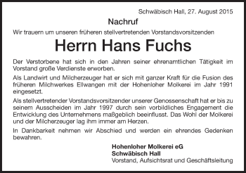 Traueranzeige von Hans Fuchs von Schwäbische Post
