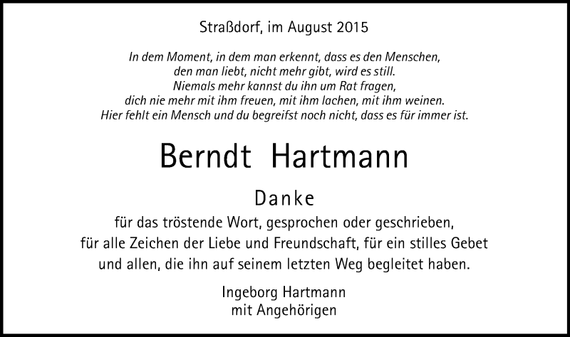  Traueranzeige für Berndt Hartmann vom 20.08.2015 aus Gmünder Tagespost