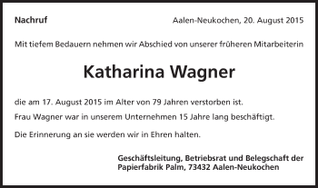 Traueranzeige von Katharina Wagner von Schwäbische Post