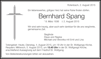 Traueranzeige von Bernhard Spang von Schwäbische Post