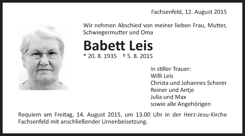  Traueranzeige für Babett Leis vom 12.08.2015 aus Schwäbische Post