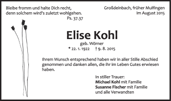 Traueranzeige von Elise Kohl von Gmünder Tagespost