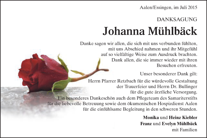  Traueranzeige für Johanna Mühlbäck vom 01.08.2015 aus Schwäbische Post