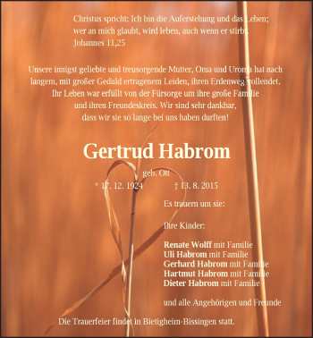 Traueranzeige von Gertrud Habrom von Schwäbische Post