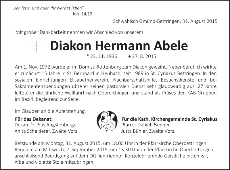  Traueranzeige für Hermann Abele vom 31.08.2015 aus Gmünder Tagespost