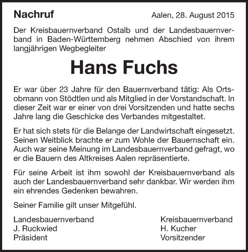  Traueranzeige für Hans Fuchs vom 29.08.2015 aus Schwäbische Post