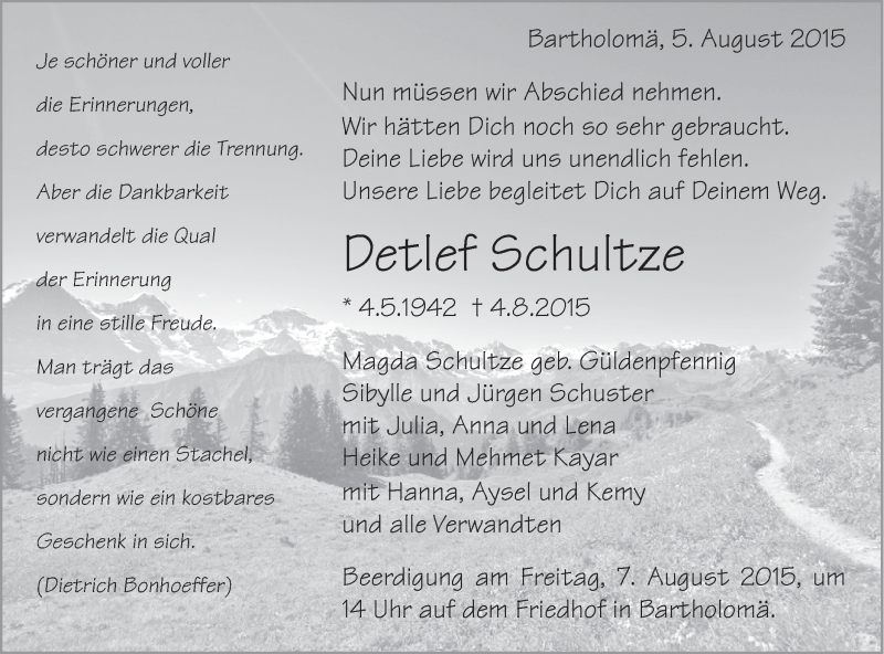  Traueranzeige für Detlef Schultze vom 05.08.2015 aus Gmünder Tagespost