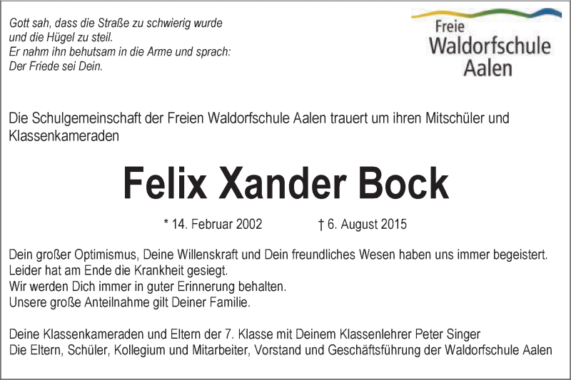  Traueranzeige für Felix Xander Bock vom 10.08.2015 aus Schwäbische Post