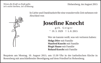 Traueranzeige von Josefine Knecht von Schwäbische Post