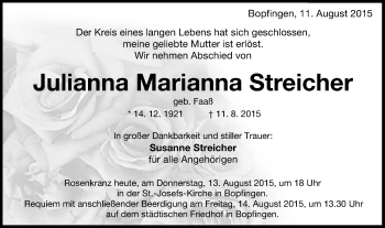 Traueranzeige von Julianna Marianna Streicher von Schwäbische Post