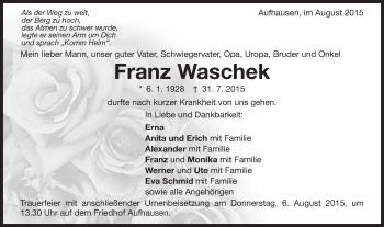 Traueranzeige von Franz Waschek von Schwäbische Post