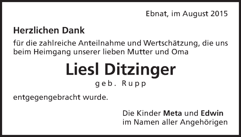  Traueranzeige für Liesl Ditzinger vom 26.08.2015 aus Schwäbische Post
