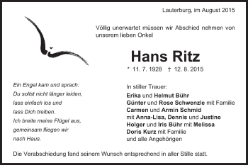 Traueranzeige von Hans Ritz von Schwäbische Post