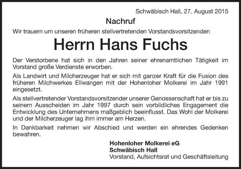  Traueranzeige für Hans Fuchs vom 27.08.2015 aus Schwäbische Post