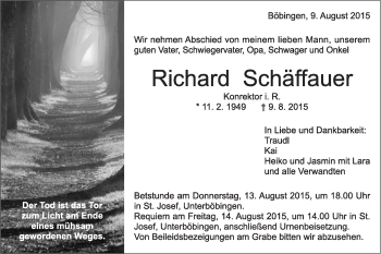 Traueranzeige von Richard Schäffauer von Schwäbische Post