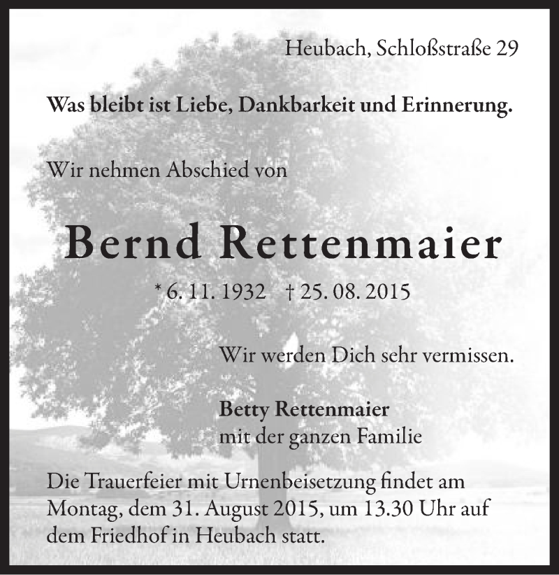  Traueranzeige für Bernd Rettenmaier vom 28.08.2015 aus Gmünder Tagespost