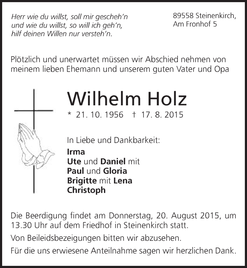  Traueranzeige für Wilhelm Holz vom 19.08.2015 aus Schwäbische Post