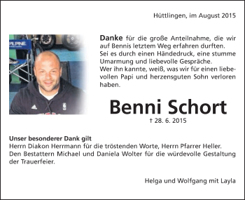 Traueranzeige von Benni Schort von Schwäbische Post