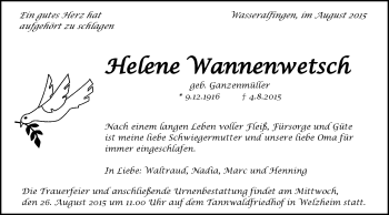 Traueranzeige von Helene Wannenwetsch von Schwäbische Post