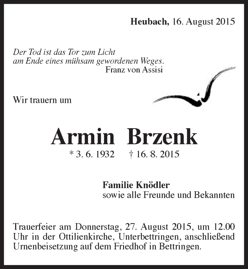  Traueranzeige für Armin Brzenk vom 25.08.2015 aus Gmünder Tagespost