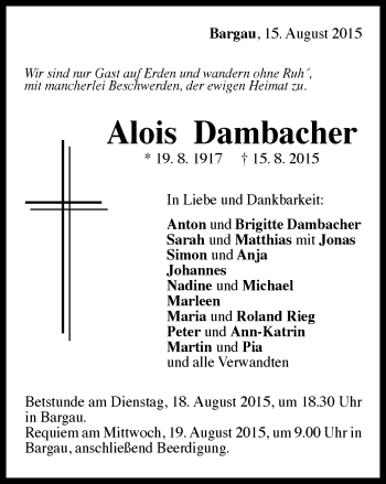 Traueranzeige von Alois Dambacher von Gmünder Tagespost