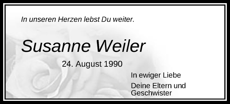  Traueranzeige für Susanne Weiler vom 24.08.2015 aus Schwäbische Post