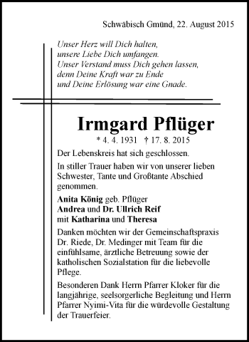 Traueranzeige von Irmgard Pflüger von Gmünder Tagespost