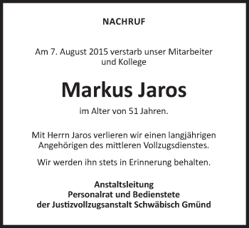 Traueranzeige von Markus Jaros von Gmünder Tagespost