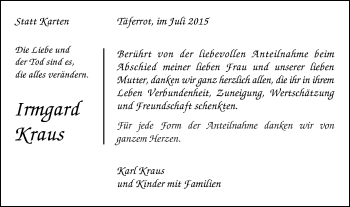 Traueranzeige von Irmgard Kraus von Gmünder Tagespost