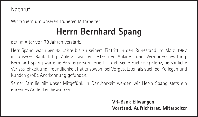  Traueranzeige für Bernhard Spang vom 05.08.2015 aus Schwäbische Post