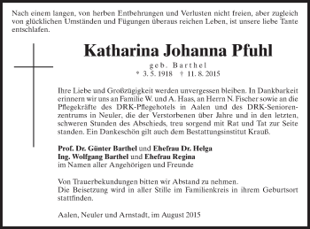 Traueranzeige von Katharina Johanna Pfuhl von Schwäbische Post