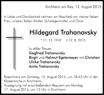 Traueranzeige von Hildegard Trahanovsky von Schwäbische Post