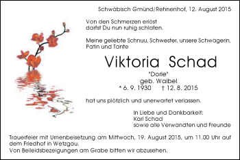 Traueranzeige von Viktoria Schad von Gmünder Tagespost