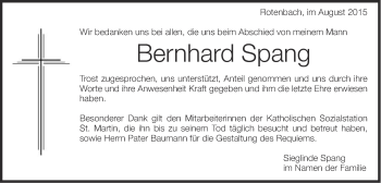 Traueranzeige von Bernhard Spang von Schwäbische Post
