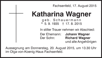 Traueranzeige von Katharina Wagner von Schwäbische Post