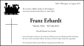 Traueranzeige von Franz Erhardt von Schwäbische Post